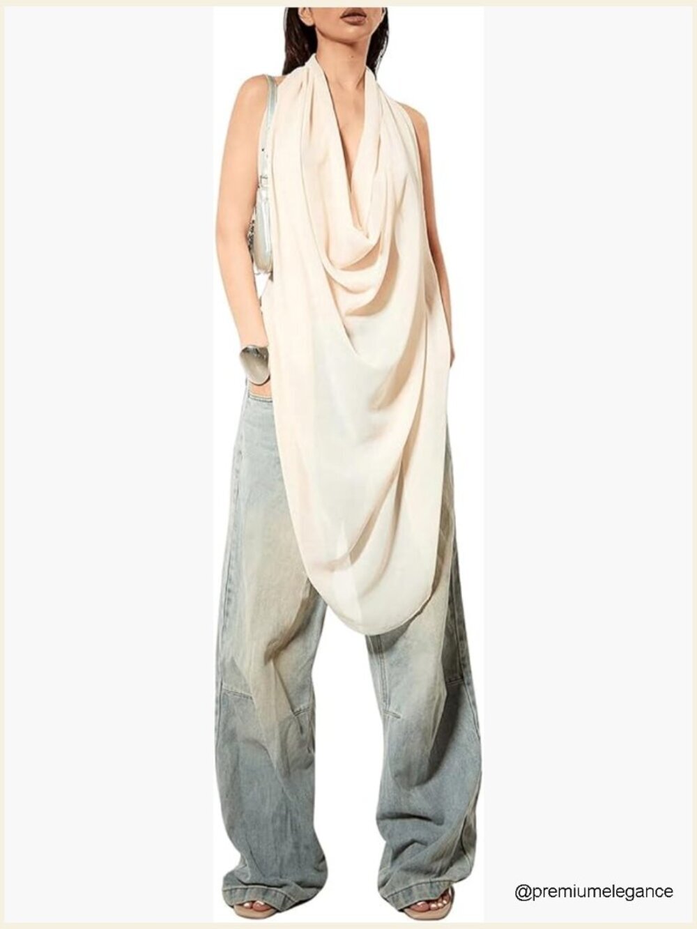 Backless Cowl Neck Sleeveless Tank Top Draped Front Chiffon Blouse